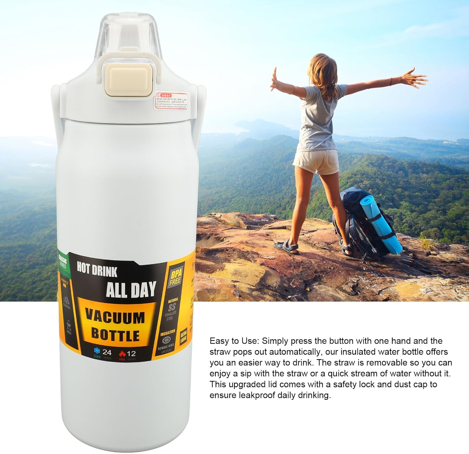 Bewinner 304 Stainless Steel Insulated Water Bottle 1.5L, Straw Lid Handle Reusable Wide Mouth Vacuum Bottle for Gym Fitness (White) - Black image number 5