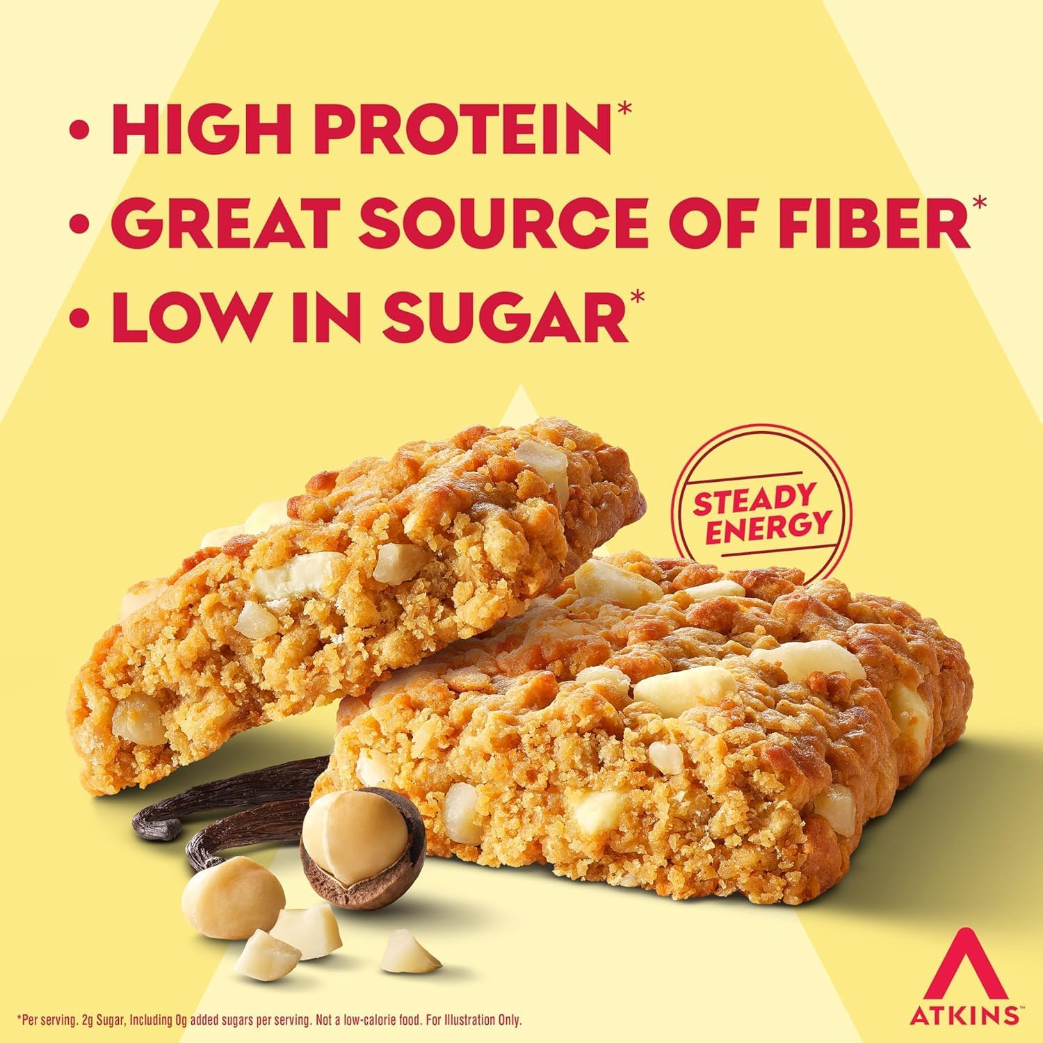 Atkins Soft Baked Protein Bars, Vanilla Macadamia Nut, 15G Protein, 1.1G Sugar, Excellent Source of Fibre, Low Carb, 4 Pack image number 2