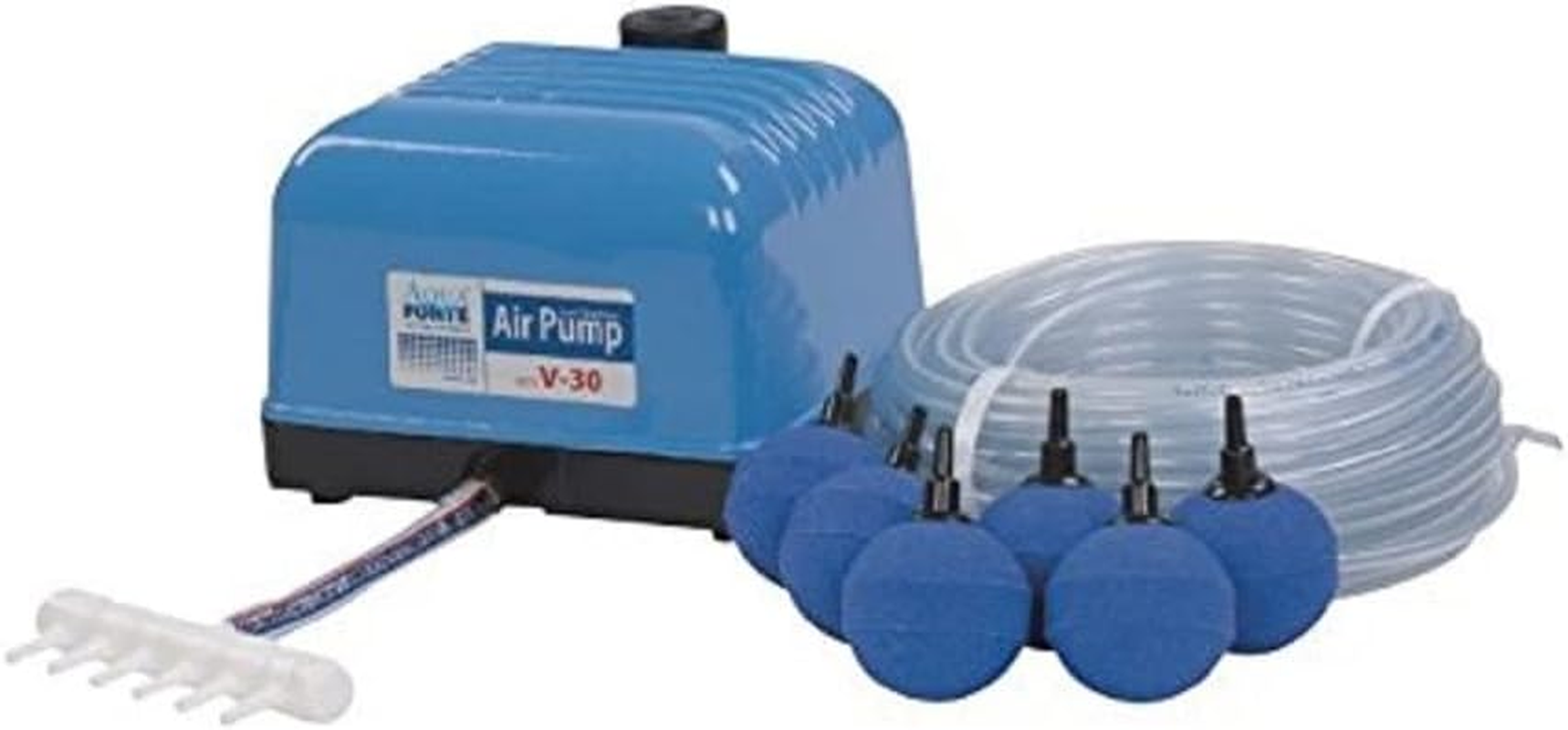 Aquaforte Hi-Flow V-30 Air Pump Kit Complete Kit with Air Distributors, 25 M Hose 4 X 6 Mm and 6 X 5 Cm Air Stones, Capacity at 2 Metres 7 Litres per Minute, Maximum Pond 18 M3