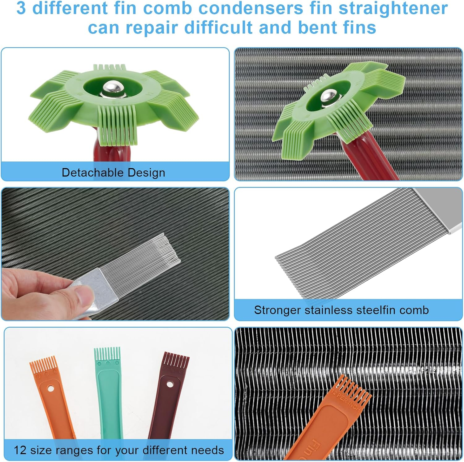 6Pcs Air Conditioner Fin Cleaner Set, AC Coil Combs Cleaning Brush, Metal Condenser Fin Straightener, Condenser Repair Clean Set, Ac Coil Cleaner Kit for AC Radiator Evaporator Repair Clean Tool
