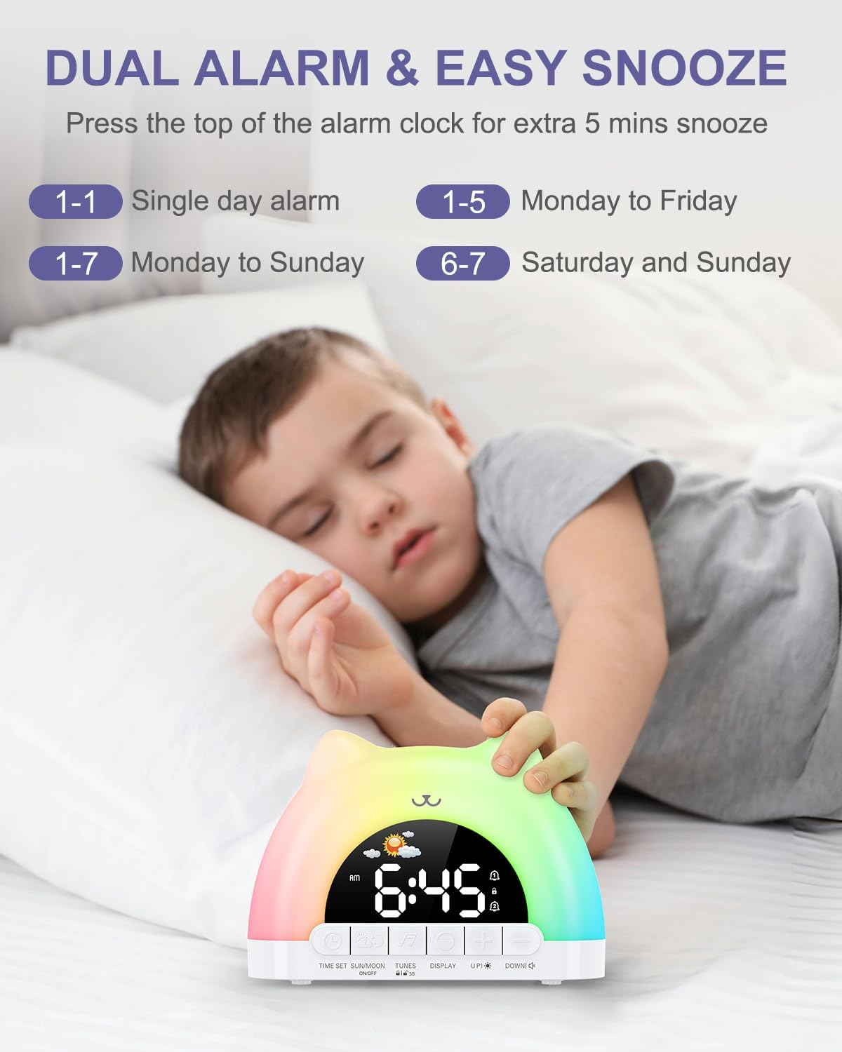OQIMAX Kids Alarm Clock Cat Alarm Clock Bedside with 11 RGB Color Night Light Toddler Sleep Training Digital Clocks with 10 Alarm Sounds 5 Brightness Adjustment Plug-In OK to Wake Clock for Boys Girls