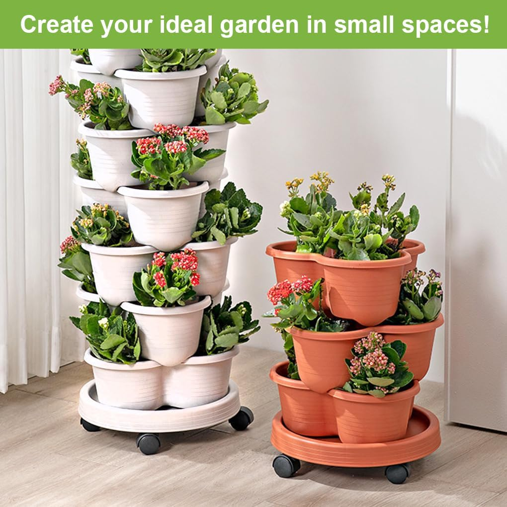 5 Tier Vertical Garden Strawberry Stackable Planters Herbs Petunias Pancy, Vegetable Planter Indoor Outdoor Gardening Pots with Removable Wheels and Tools (White)