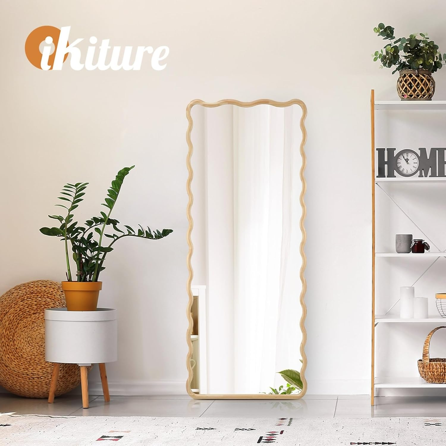 Oikiture Wavy Rectangular Full Length Mirror 165X60Cm Floor Mirror with Wooden Frame HD Reflections for Home Bedroom Living Room Dressing Room image number 4