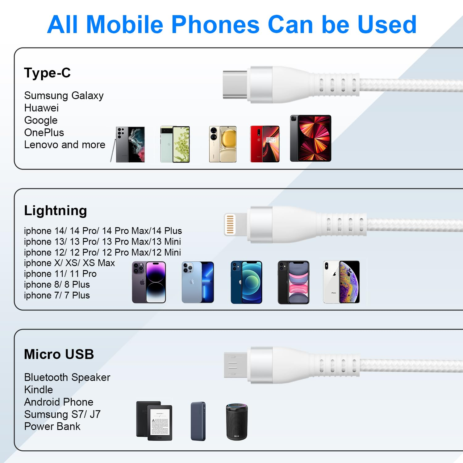 Pubiohs 3M Braided Long 3 in 1 Multi Charging Cable - 100W PD Fast Charger Cable with USB-A/USB-C Inputs + Lightning/Usb-C/Micro USB Outputs for Iphone 16/15/14, Ipad, Galaxy, 100 Watt Laptop image number 3
