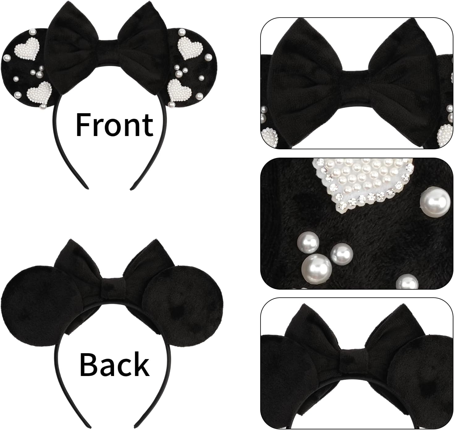 Bianbaistar Black Velvet Bow Mouse Ears Headband with Pearl Heart Accents - Elegant Hair Accessory for Parties, Dates & Special Occasions image number 6