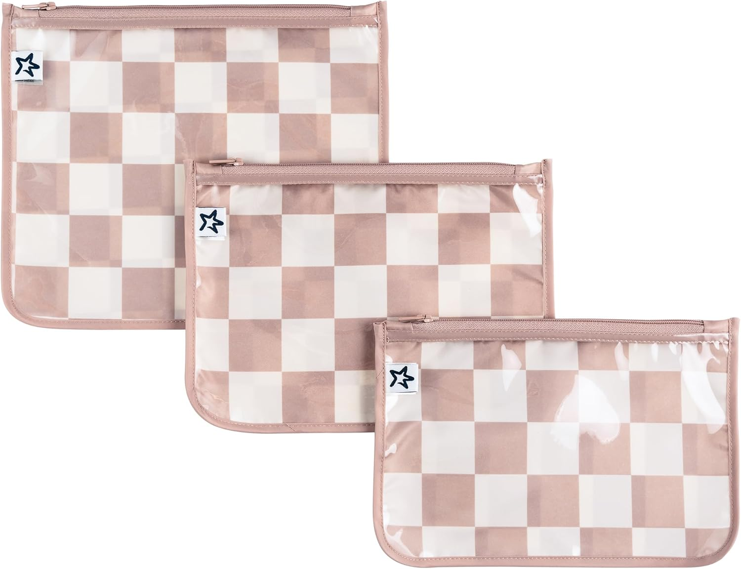 Tiny Twinkle Mess-Proof Travel Bags, Airline Compliant, Zipper Closure, Clear Front Pouch, Diaper Bag Packing, Toiletry or Cosmetics Organizer 3 Pack Set (Sage Checkers)