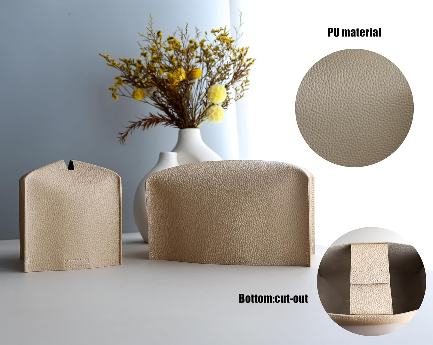 2Pcs Tissue Box Cover, Modern PU Leather Rectangular Tissue Box Holder - Decorative Holder/Organizer for Bathroom Vanity Countertop, Night Stands, Office Desk - Pu-Beige image number 5