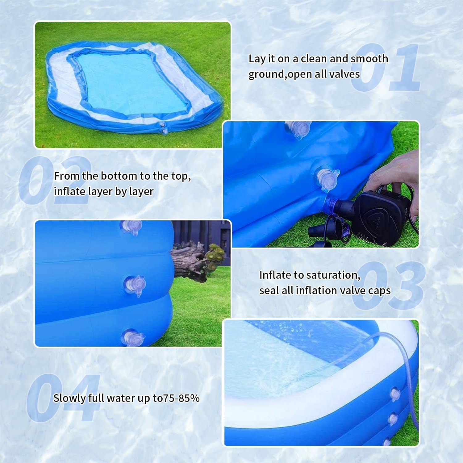 380Cm Inflatable Playing Pool, Family Rectangular Swimming Pool with Inflatable Soft Floor for Backyard, Garden, Indoor(Blue) image number 6