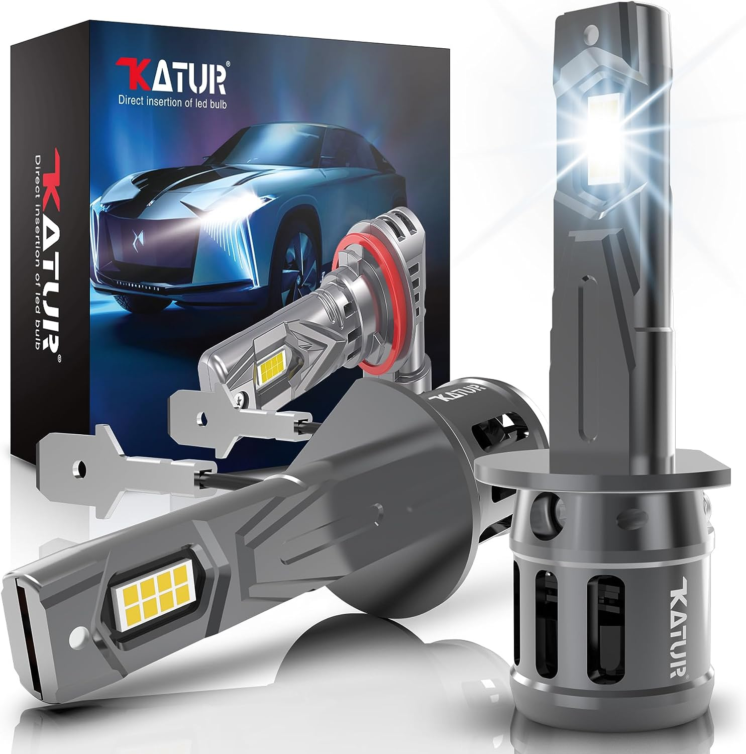KATUR H1 LED Headlight Bulbs, 400% Brightness 16000LM 6000K Xenon White 1:1 Mini Size All-In-One Conversion Kit Non-Polarity No Adapter Required Plug and Play H1 LED Fog Light Bulb, Pack of 2 image number 1