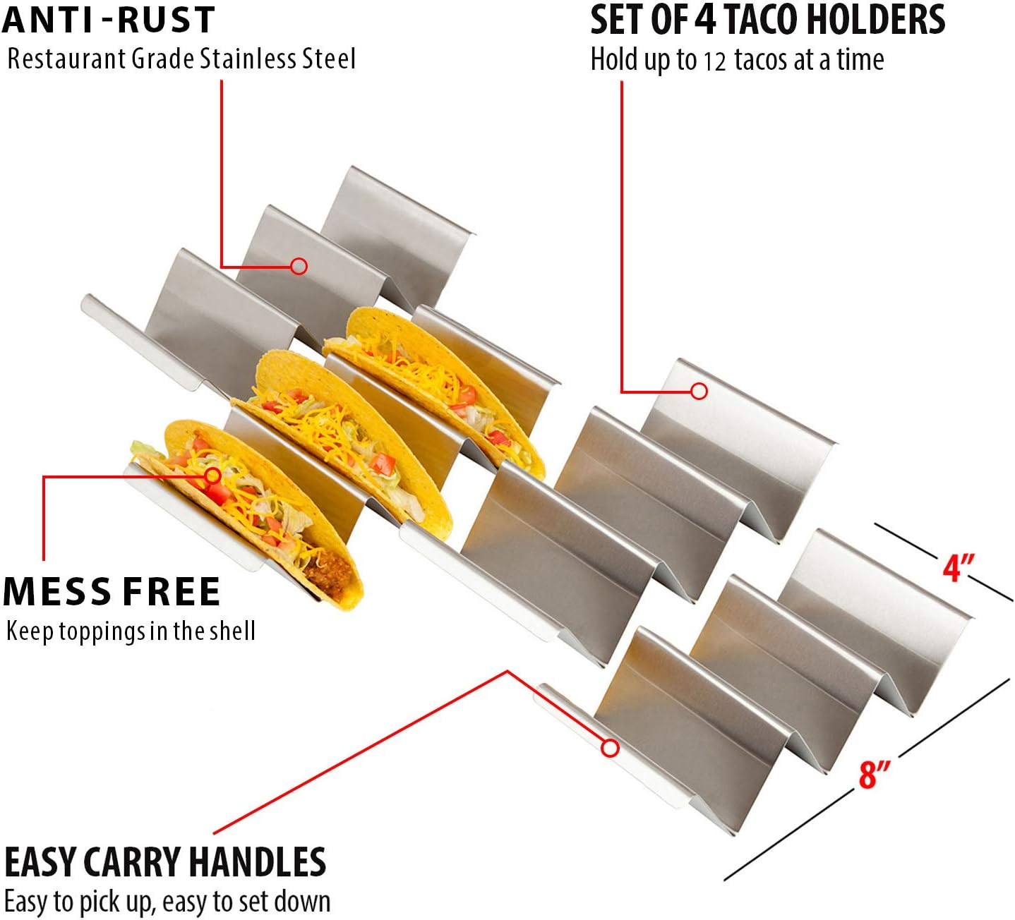 Taco Holder Stand - Set of 4 - Oven & Grill Safe Stainless Steel Taco Racks with Handles - Fill & Serve Tacos with Ease - Taco Trays by Fiesta Kitchen image number 4