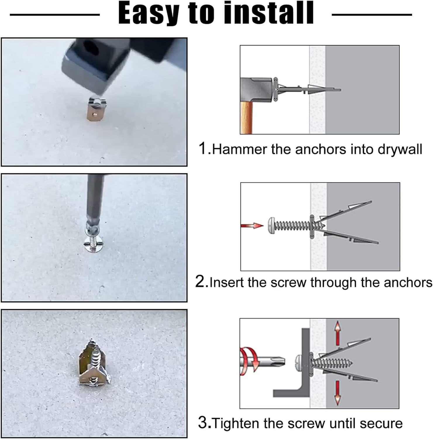 Snokay Metal Self-Drilling Anchor Kit for Plasterboard Fixings | 100Pcs 12X30Mm Hammer Drive Anchors | Plated Plasterboard Fixings | Perfect for TV, Bike, Shelf, Cabinets, Curtains, Calligraphy image number 2