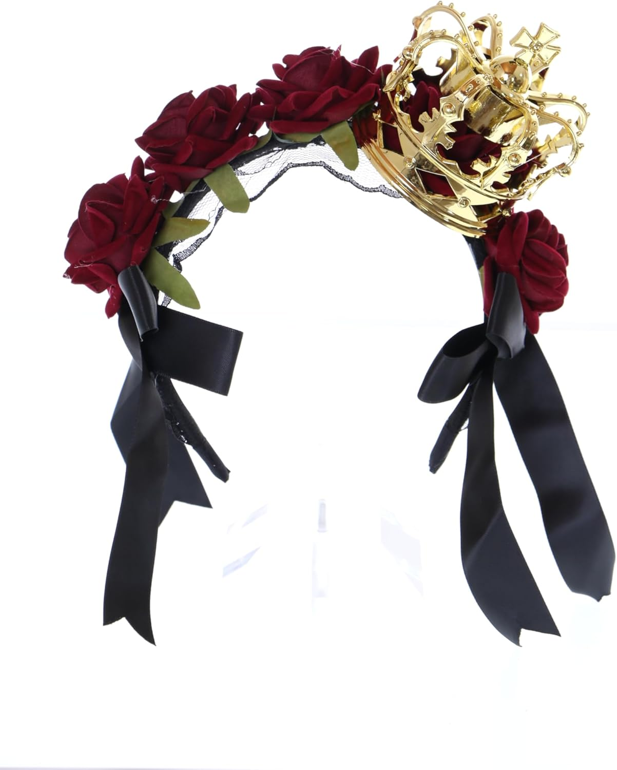 C-104-2 Gold Crown with Roses Red Lace Bow Ruffle Gothic Lolita Headband Party Celebration Hair Accessories Head Accessory image number 3