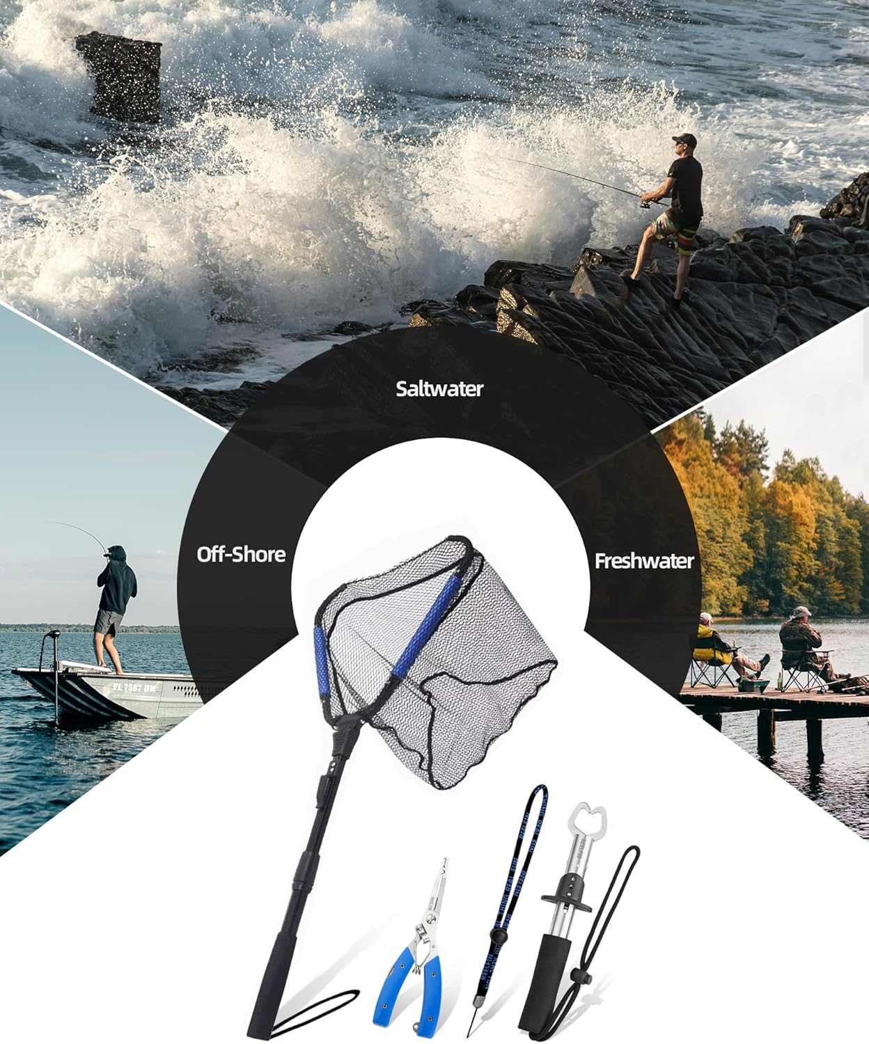 Reelfin 3-In-1 Folding Landing Net Set &ndash; 90Cm Deep Net, Fish Gripper & Lure Pliers, Portable Fishing Kit for Freshwater & Saltwater image number 1