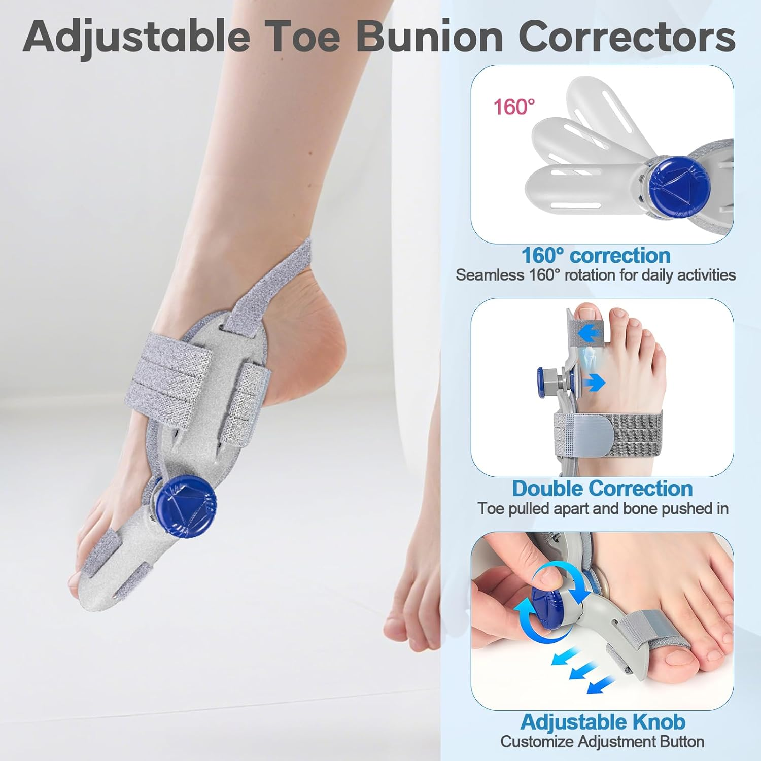 Bunion Correctors for Women & Men，1 PCS Adjustable Knob Toe Straightener Splint with 2 Pairs Different Silicone Toe Separators,Toe Spacers Suitable for Bunion and Overlap Toe image number 3