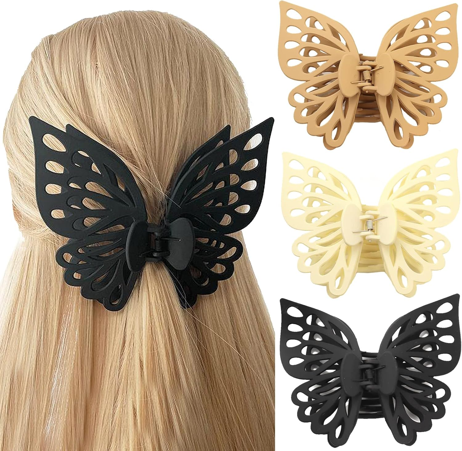 Butterfly Hair Clips Claw Clips for Women - Matte Big Cute Clips for Thick & Medium Hair (3Pcs)