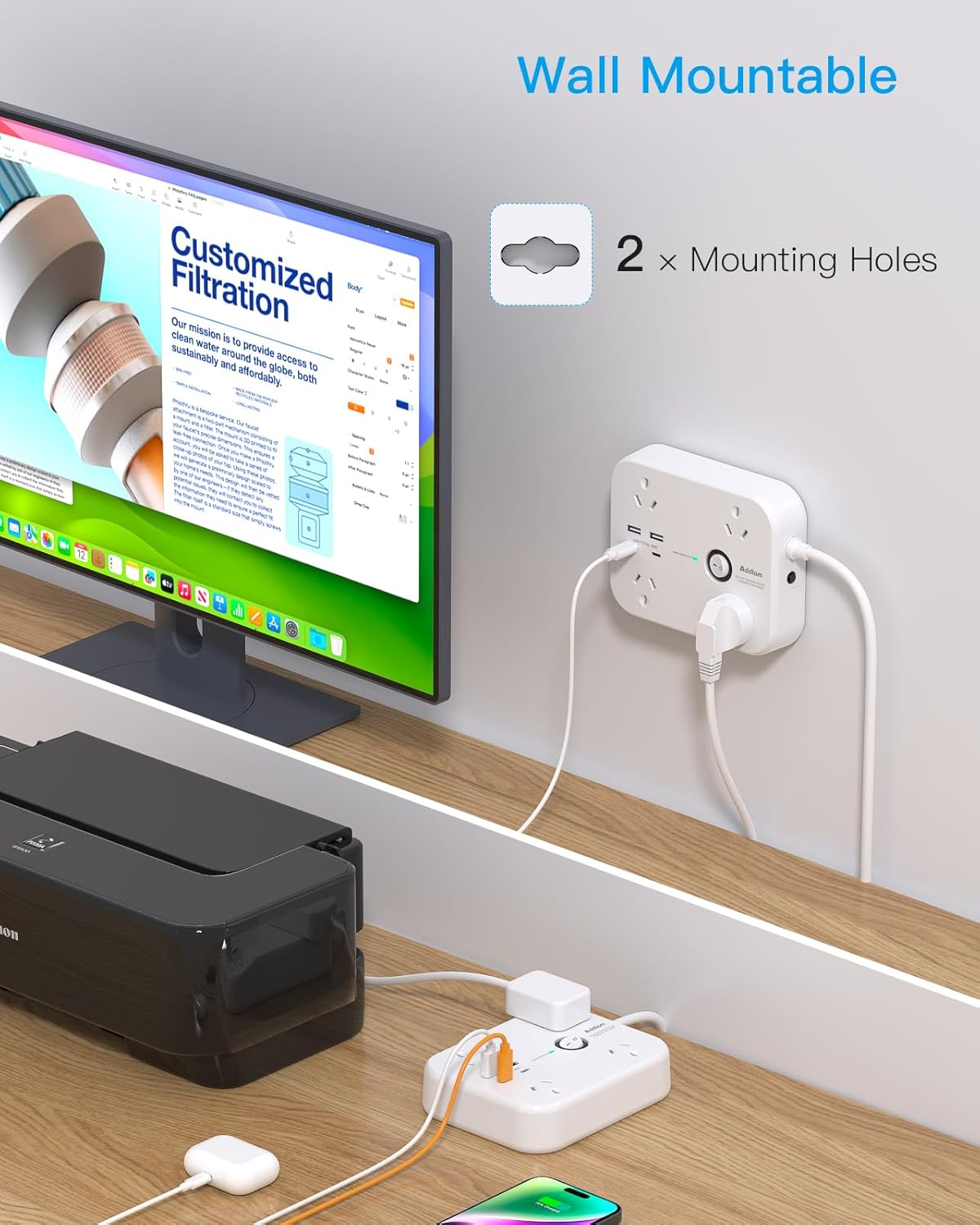 Addtam PD30W Power Board Surge Protected, Desk Powerboard with 4 AC Outlets and 4 USB Ports(2 USB C), 1.8M Extension Cord Power Strip for Home Office Travel Essentials image number 4