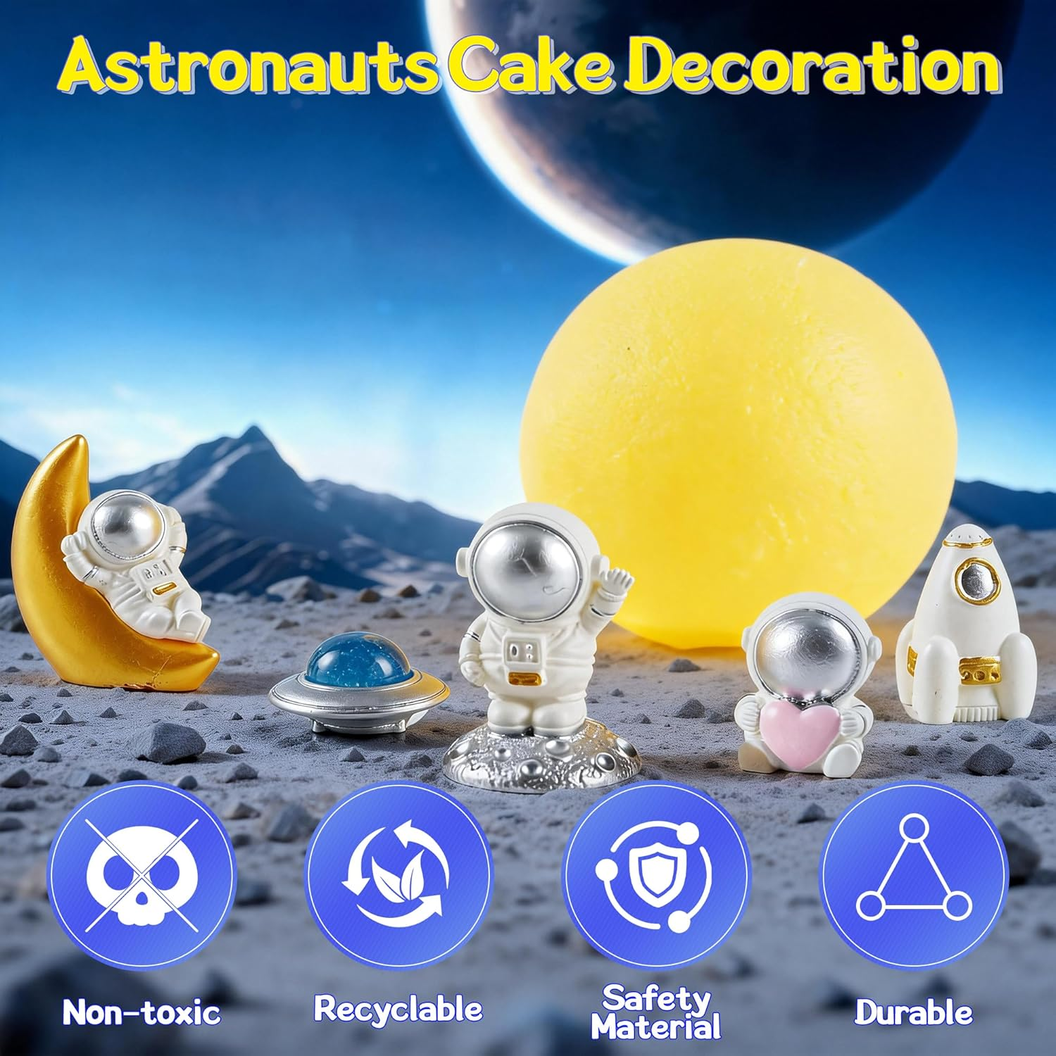 Moon Cake Topper,6Pcs Space Astronauts Diy Cake Decoration, 3D Soft Light Moon Cake Topper for Children Space-Themed Decoration Birthday Party Supplies, Cake Decoration (Yellow)
