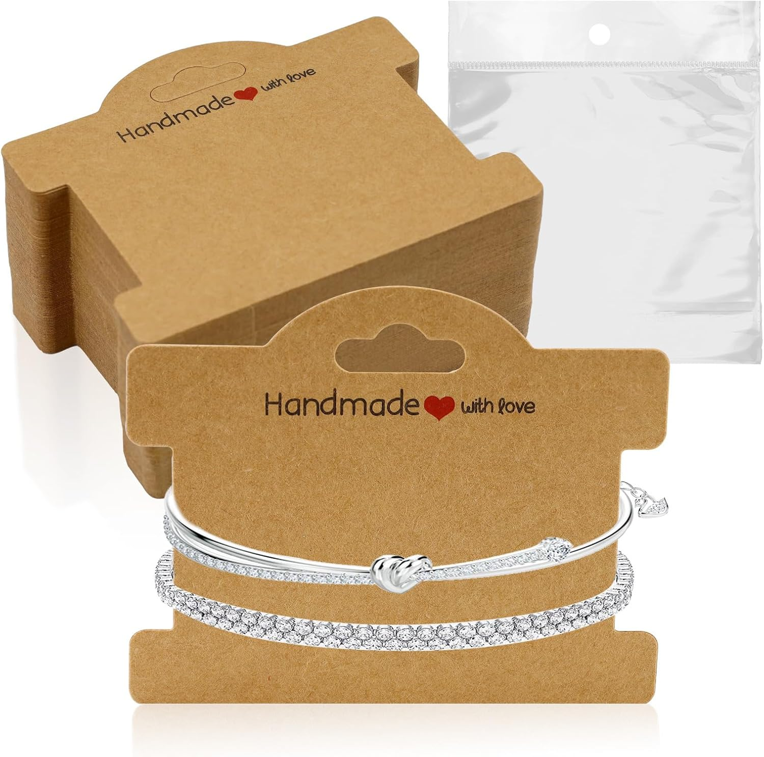 Sekonow 70 Set Bracelet Packaging for Small Business, Bracelet Display Cards with Clear Bags Handmade with Love Hanging Bracelet Business Supplies for Selling Bracelet Jewelry, White