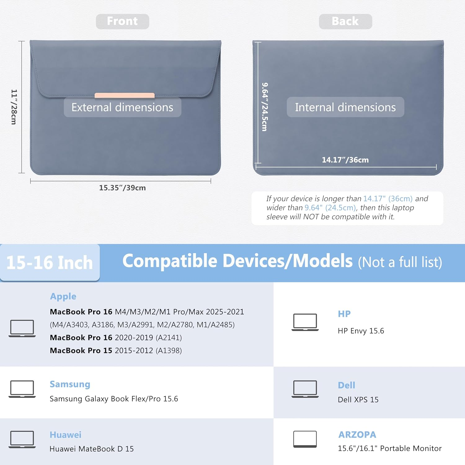 HYZUO 15-16 Inch Laptop Sleeve Case with Stand for Macbook Pro 16 M4/M3/M2/M1 Pro/Max 2025-2019, Macbook Pro 15 2015-2012, XPS 15, Samsung Galaxy Book Flex/Pro 15, Haze Blue(Smiley) image number 2