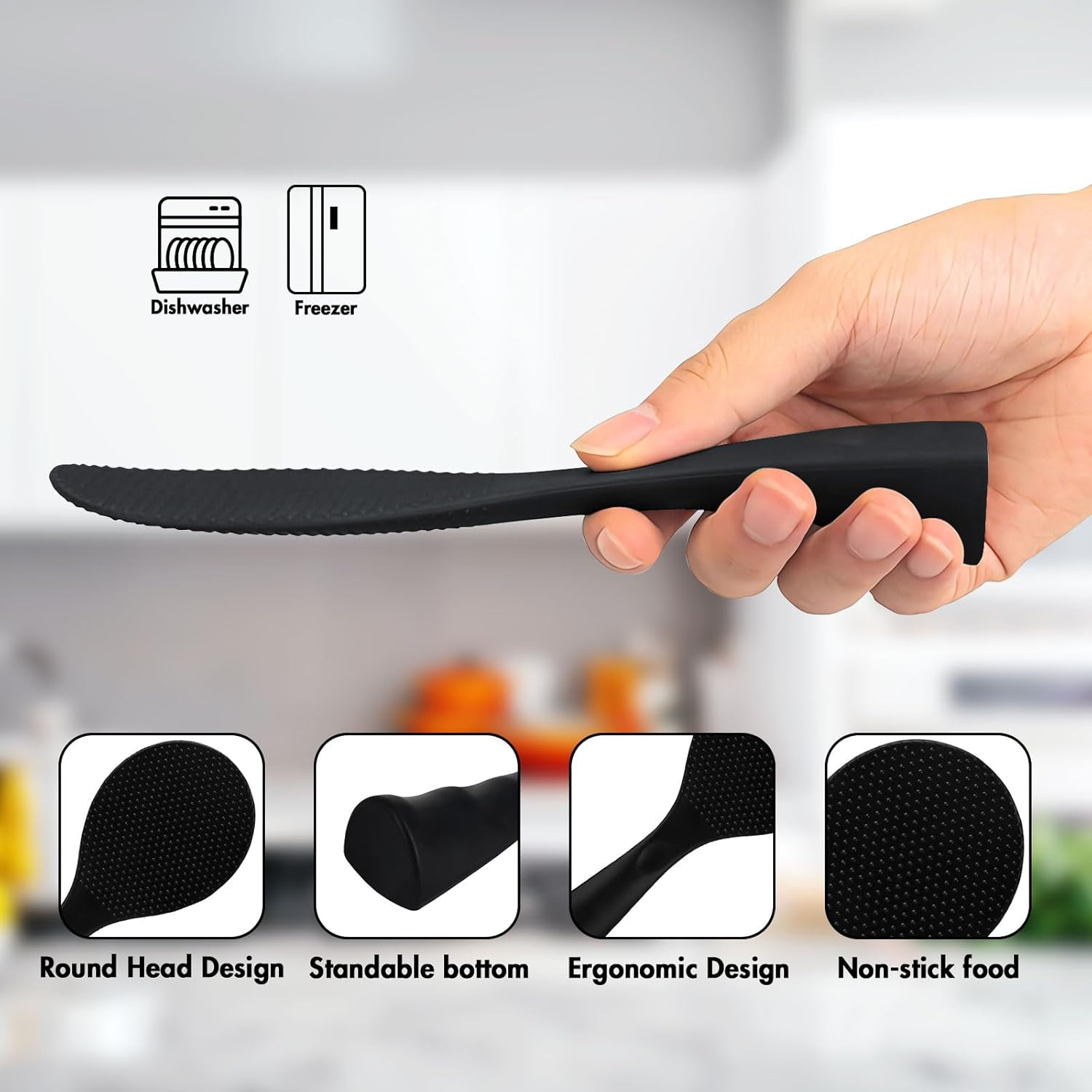 Firekylin Rice Paddle, Silicone Standing Rice Spatula with Non Stick Rice Spoon Paddle Heat Resistant Rice Cooker Spoon, Serving Spoon for Rice(Black) image number 4