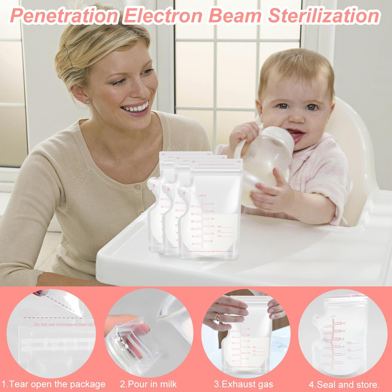 Breast Milk Sstorage Bag 30PCS, Breastmilk Storage Bags, Breastfeeding Disposable Milk Storage Bag, Disposable Milk Storage Bag with 8.8 Ounce Spout Type, No-Leak Milk Freezer Storage Pouche image number 3