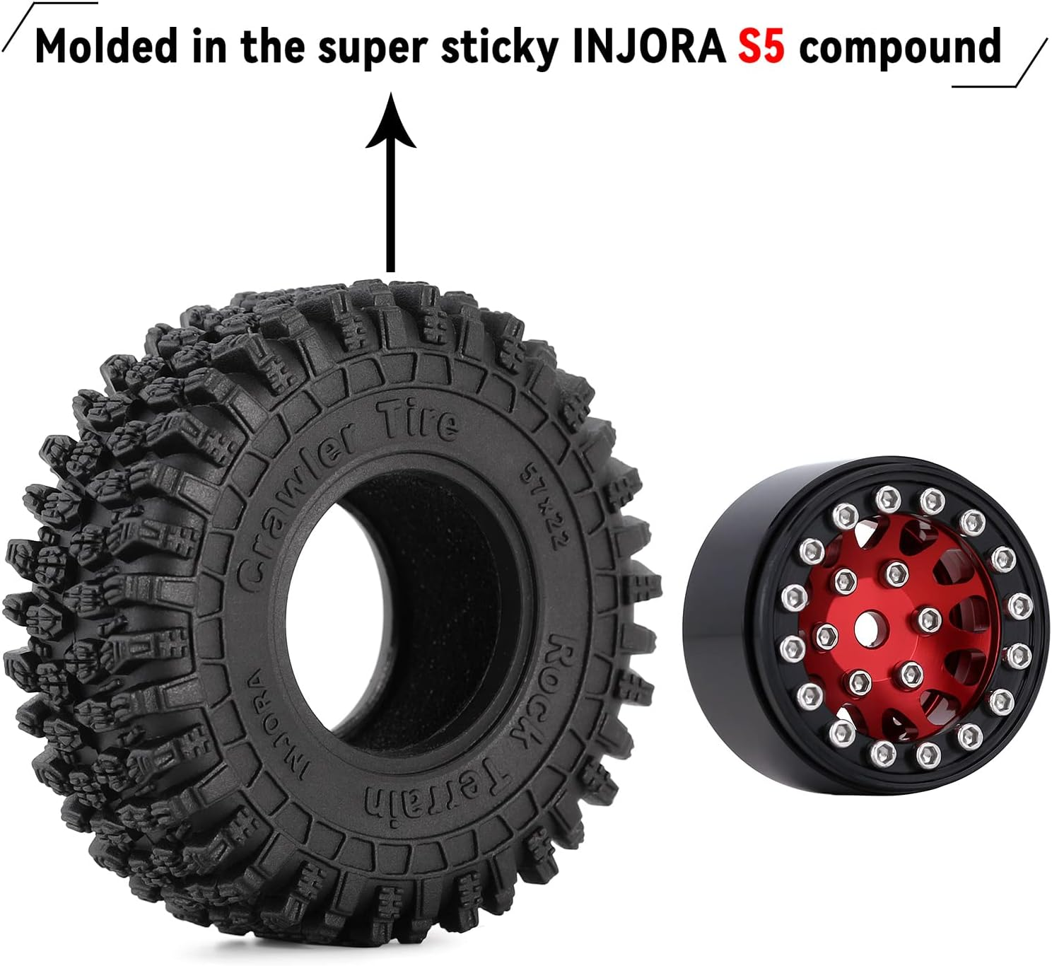 INJORA 1.0 Beadlock Wheel S5 Super Soft Sticky Crawler Tires for TRX4M Axial AX24 SCX24 FCX24 Enduro24 Upgrade, 57 * 22Mm(Red) image number 3