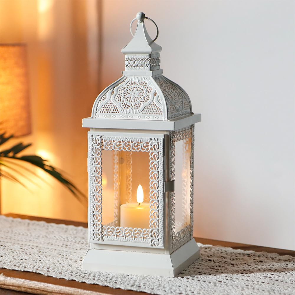 TRIROCKS Rustic Style Metal Candle Lantern 32CM High Decorative Hanging Lantern Candle Holder with Clear Glass Perfect for Living Room Garden Yard Patio Parties Events Indoors Outdoors(White) image number 3