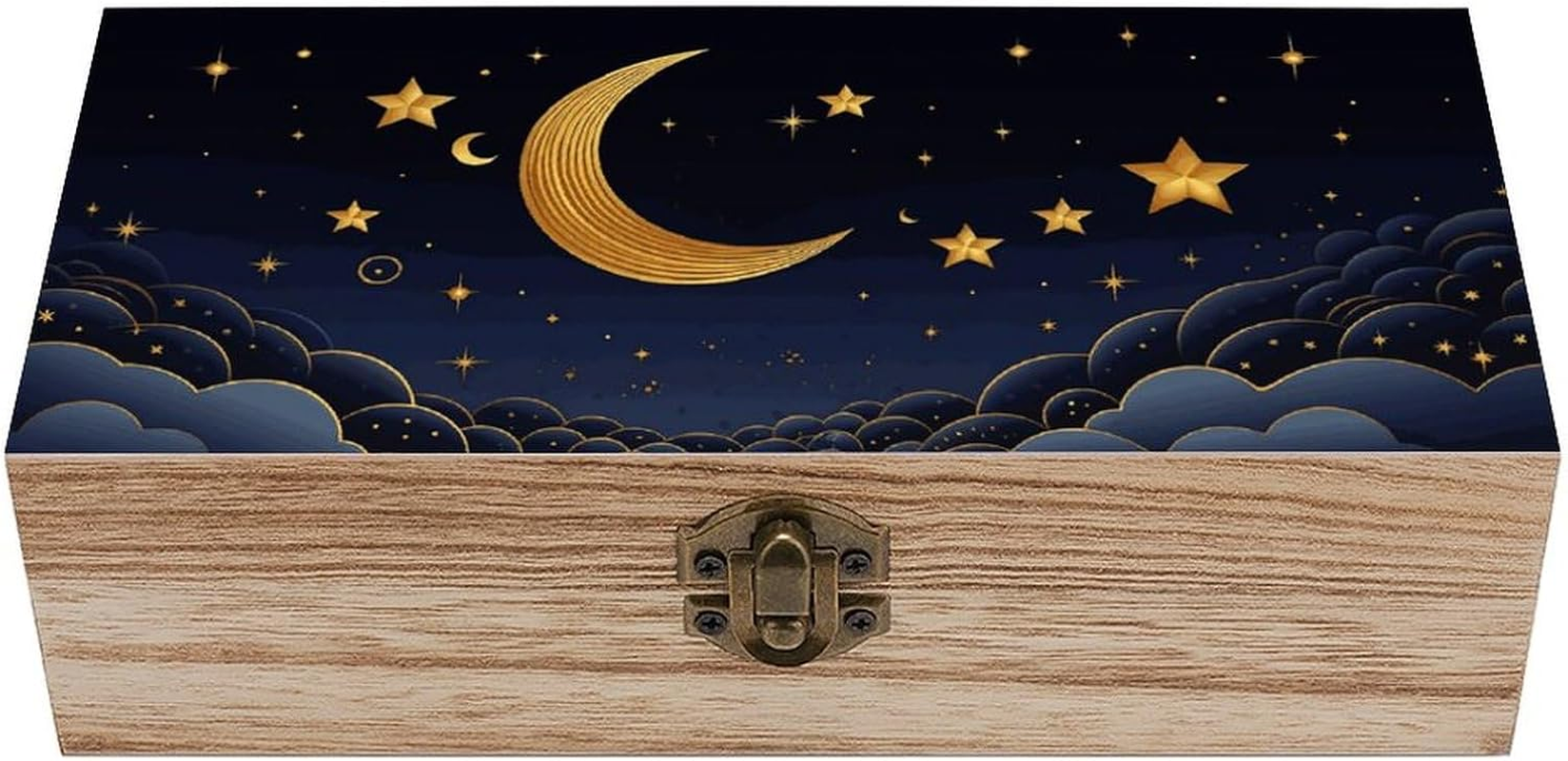 Stars and Moon Wooden Box Wood Wedding Keepsake Boxes with Lids Small Decorative Boxes Lightweight Wooden Memory Storage Box for Crafts Keepsakes Jewelry Photo Letter Storage image number 4