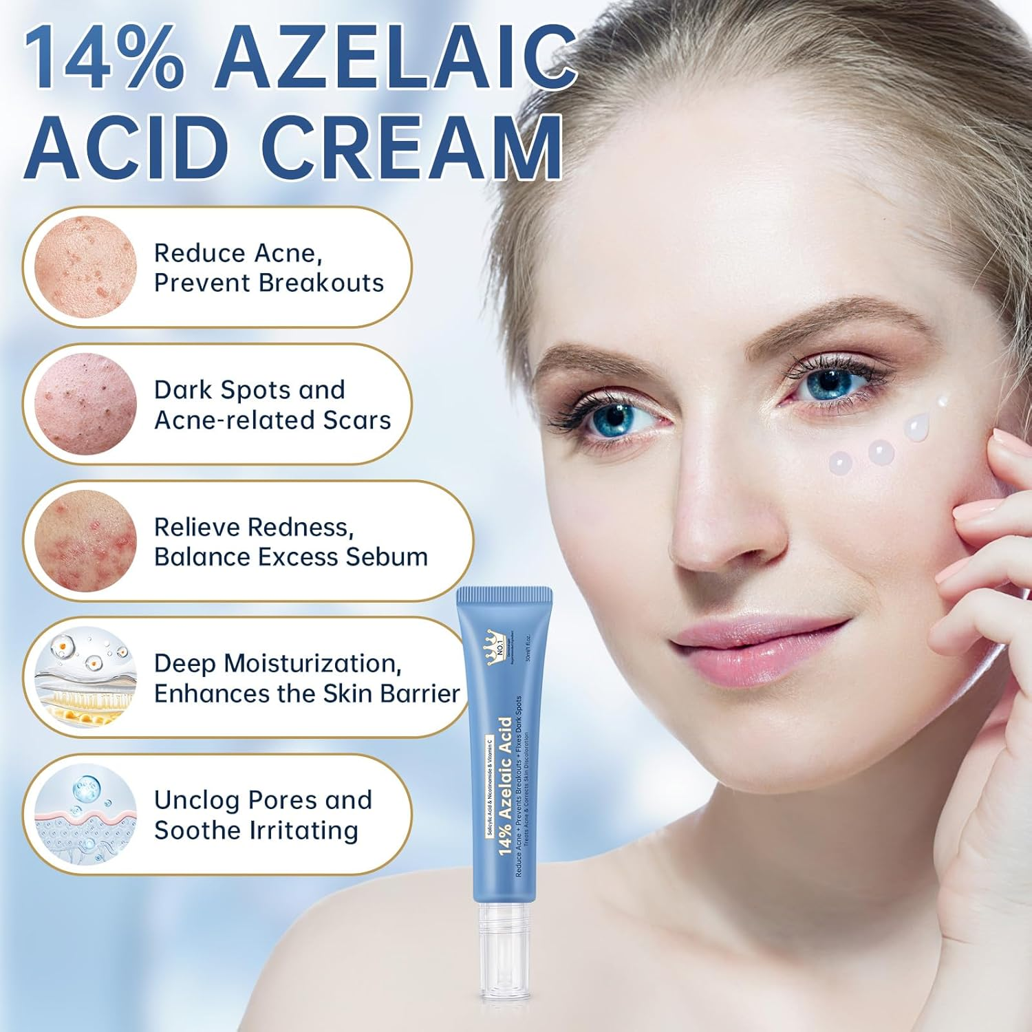 Azelaic Acid Face Serum Cream for Redness Relief,Dark Spots,Azelaic Acid Acne Cream with Niacinamide & Vitamin C,Acid 14% Facial Serum Balance Excess Sebum & Soothe Irritation,30Ml image number 1