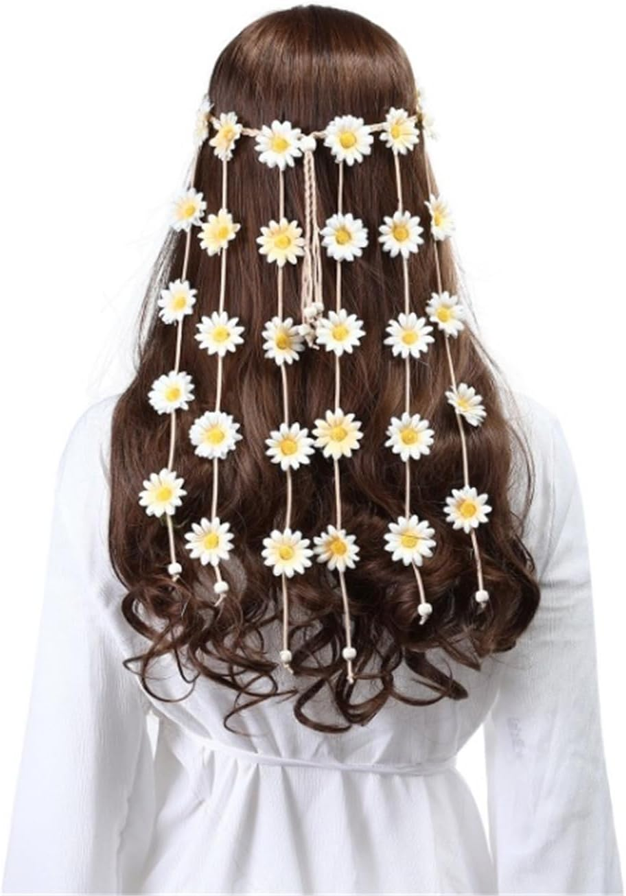 LERTREE Boho Daisy Headpiece Sunflower Tassel Headbands Women Fairy Crown Floral Headdress Hippie Festival Party Headwear (White, L) image number 1