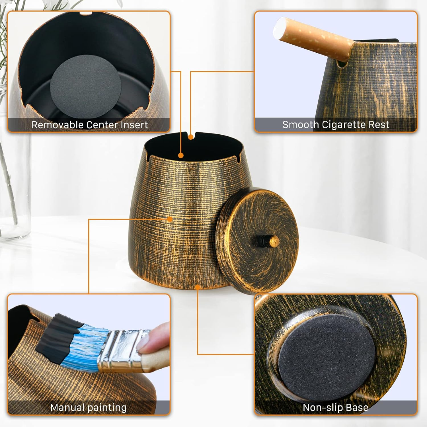 Small Retro Odorless Ashtray with Lid for Cigarettes Outdoor Rainproof,Metal Decorative Ashtray for Patio outside Home Indoors Table Decor,Copper image number 6