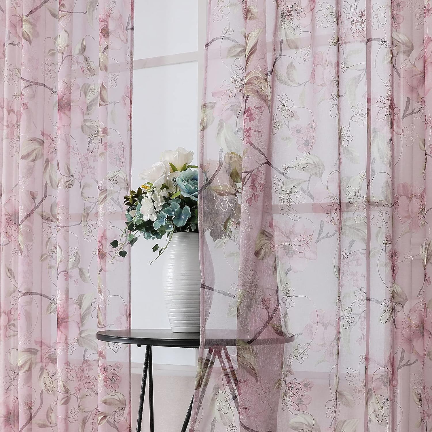 Tollpiz Sheer Curtain Pink Flower Leaf Printed Floral Embroidered Bedroom Curtains Sheer Rod Pocket Voile Faux Linen Short Window Curtain for Living Room, 54 X 45 Inches Long, Set of 2 Panels image number 4