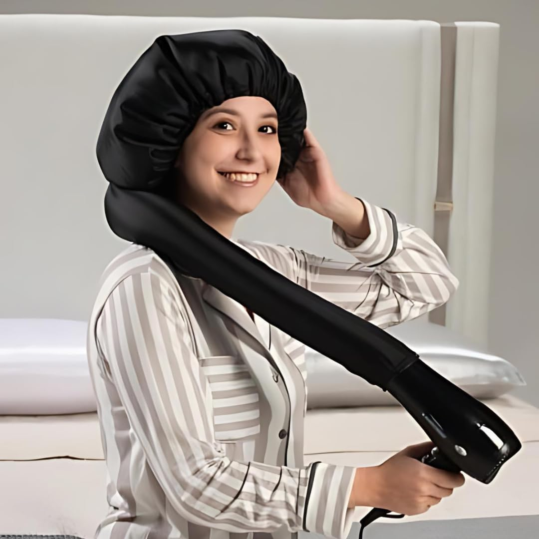 Dompel Black Hooded Hair Dryer, Satin Diffuser Cap | Enhance Hair Drying, Reduce Frizz, Protect Hair, Diffuser Cap Curly |100% Satin Universal Fit for Most Hair Dryers | Elastic Band | SIZE S image number 6