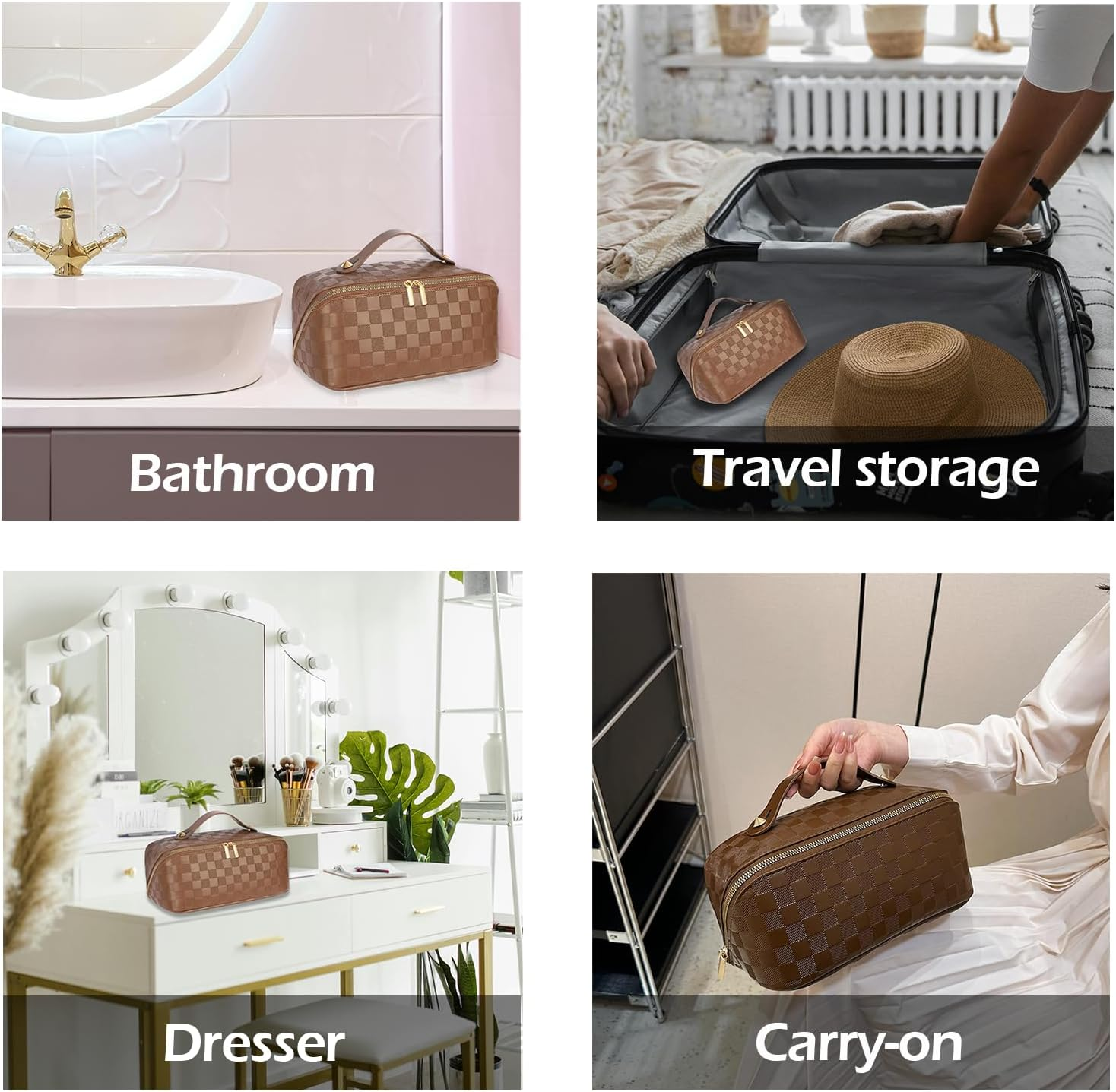 Portable Makeup Bag,Jovala Large Capacity Travel Cosmetic Bag Checkered PU Leather Women'S Holiday Multifunctional Makeup Bag Washable,With Handle and Divider (Brown) - Black image number 7