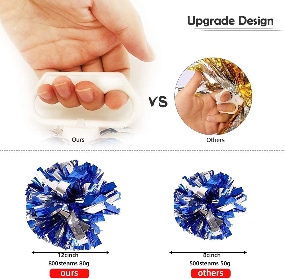 BCLAND Cheerleading Metallic Foil & Plastic Ring Pom Poms Cheerleading Poms Pack of 2 (Blue) image number 3