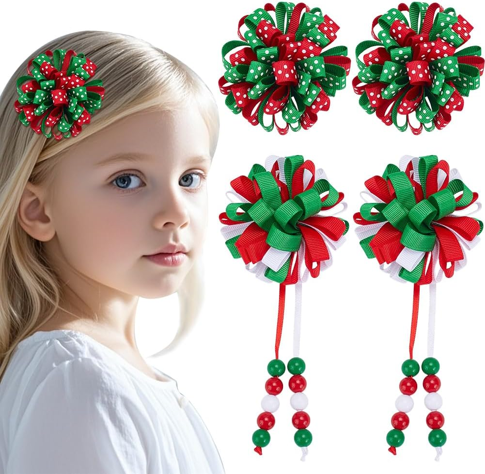 WADORN Pack of 4 Hair Clips with Christmas Curling Ribbon. Curly Alligator Hair Clips Grosgrain Ribbon Ball Flower Red Green White Handmade Holiday Hair Clip for Christmas Hair image number 4