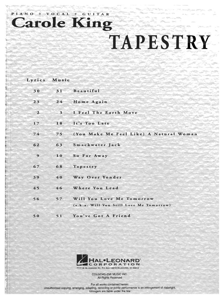 Hal Leonard Carole King - Tapestry Piano/Vocal/Guitar Artist Songbook image number 1