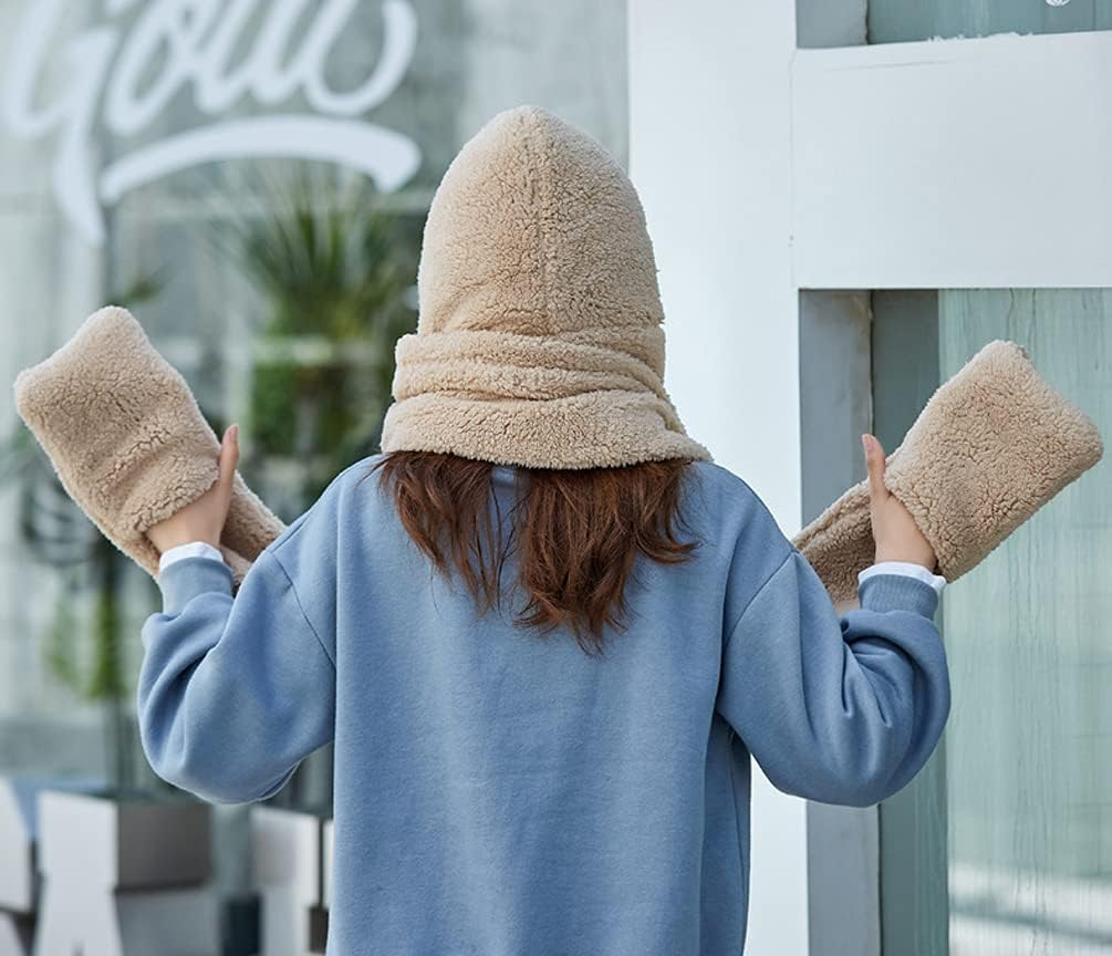 Tonwhar Womens Cute Winter Thick Warm Long Hooded Scarf with Mittens - Bear-Khaki image number 3