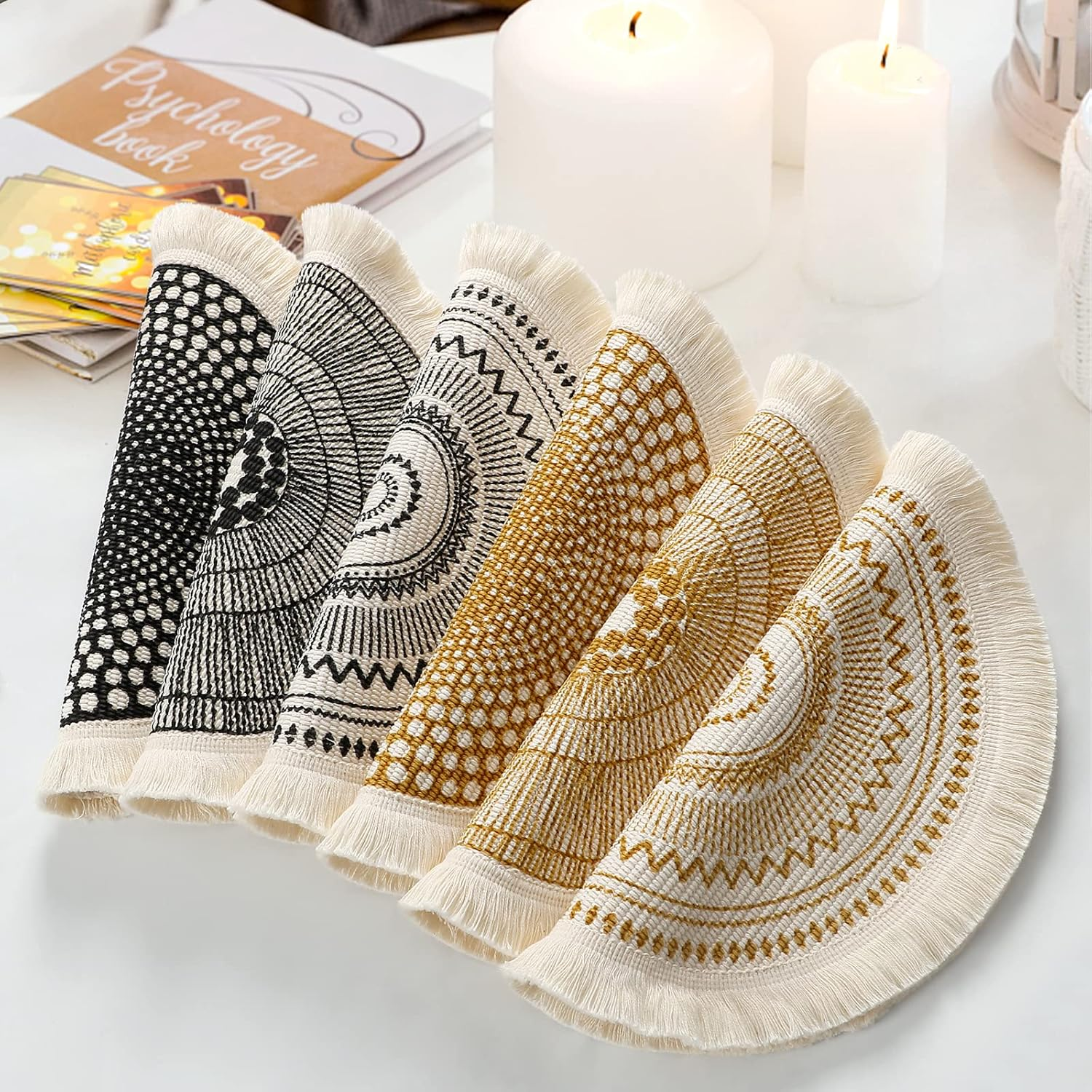 LOMOHOO Set of 6 round Placemats 13 Inch Table Mats Boho Cotton Woven Mandala Tassels Heat Proof Washable Circle Place Mat for Kitchen Dining Wedding Farmhouse Home Decoration image number 1