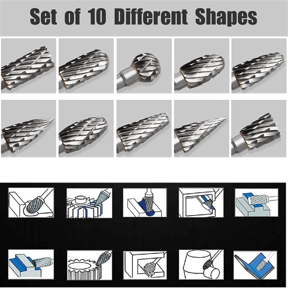 Tungsten Rotary Burr Set, 10PCS Carbide Carving Burr Bits with 1/8&rdquo; Shank Rotary Tool Accessories for Woodworking, Engraving, Drilling, Steel Metal Working image number 6