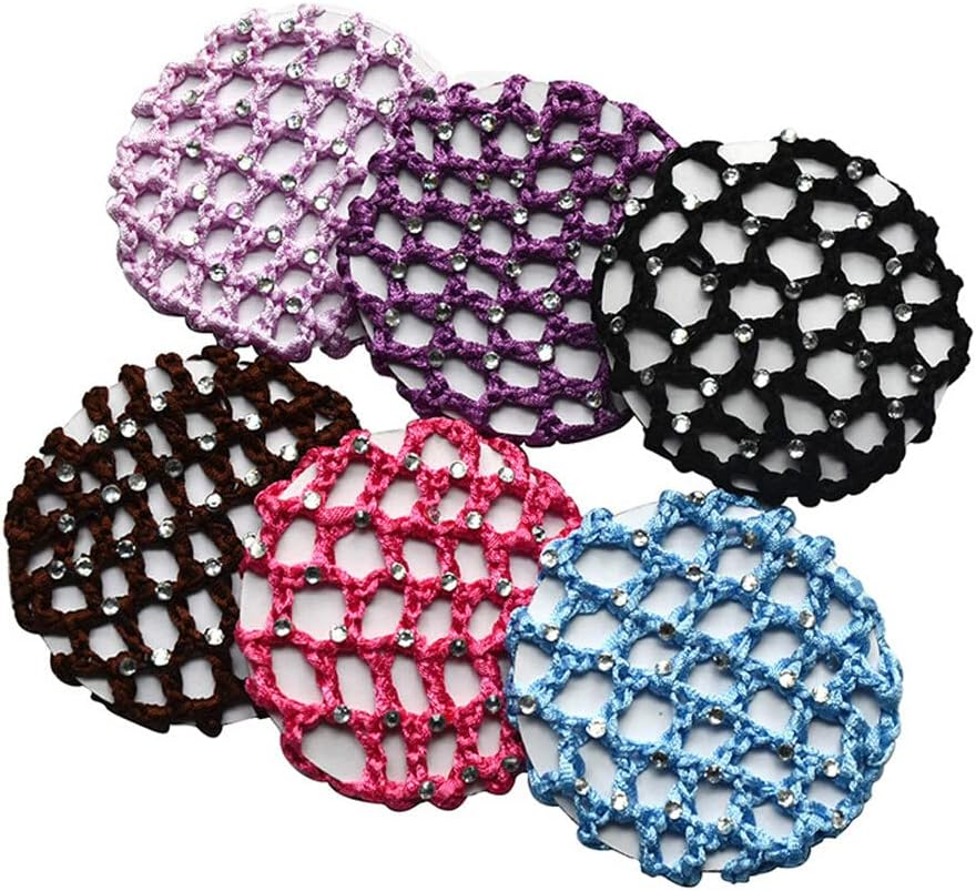 6PCS Crochet Bun Cover Snood Hair Net Rhinestone Decor Colorful Knit Mesh Fabric Bun Holders for Women Girls Ballet Dance Skating Office Pro Random Color Delivery image number 3