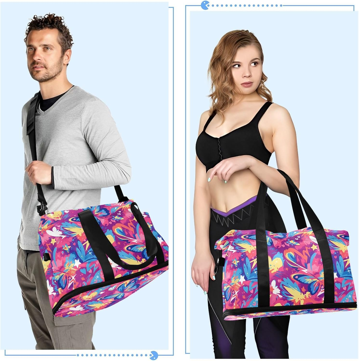 Graffiti Artwork Butterflies Hearts Purple Large Bags Weekender Duffel Bag Tote Bag with Adjustable Strap for Travel 2 Pcs Set, Graffiti Artwork Butterflies Hearts Purple, 1 Size image number 1