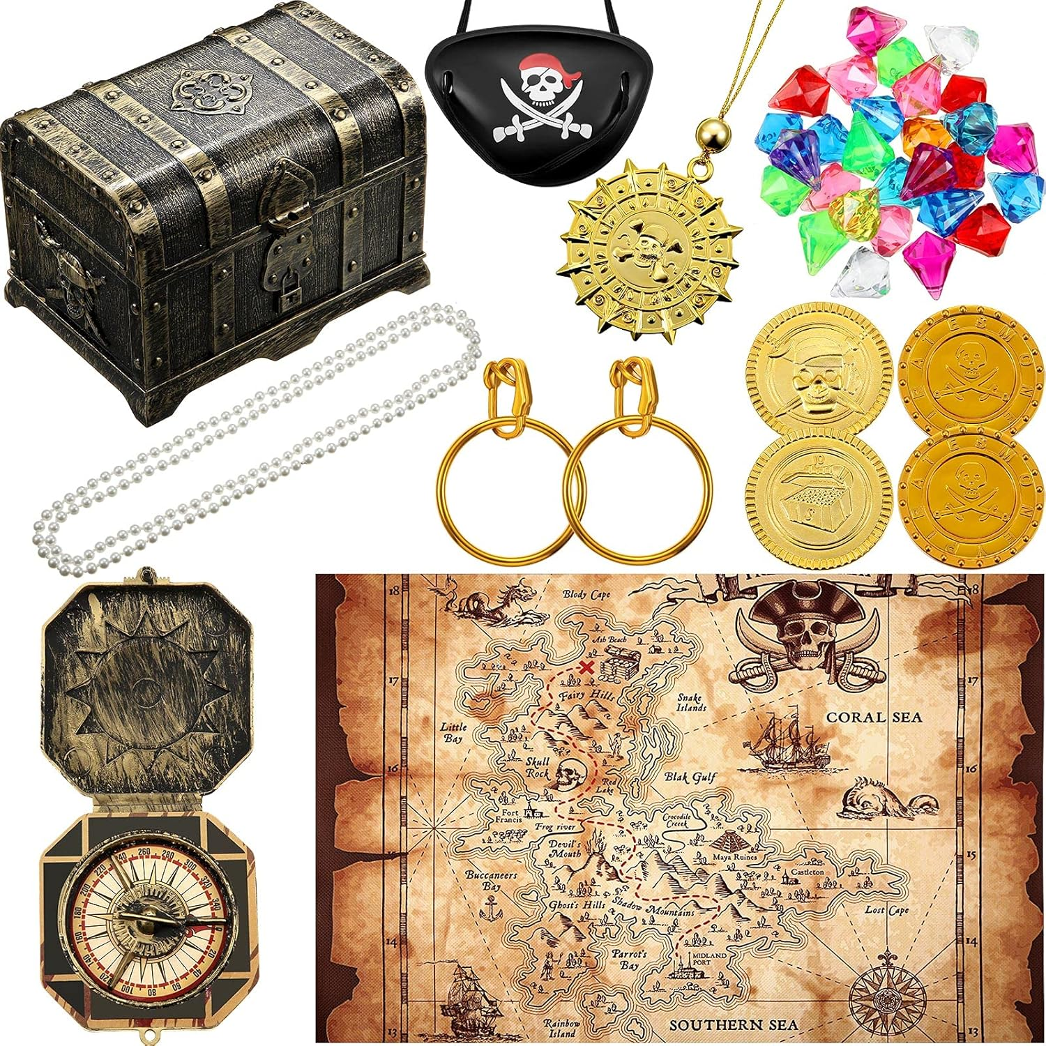 89 Pieces Pirate Treasure Chest Toy Kit Vintage Pirate Treasure Chest Pirate Eye Patch Gold Earrings Gold Coin Gems Plastic Toy Compass Pirate Map for Cosplay Themed Party Favors (Creative Style) image number 2