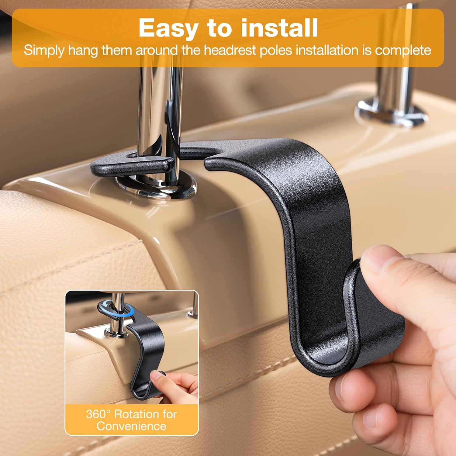 4 Pack Car Seat Headrest Hook, Headrest Hooks for Car, Hanger Storage Organizer Universal for Car Handbag Clothes Purse Coat, Car Interior Accessories (Black S Type) image number 1