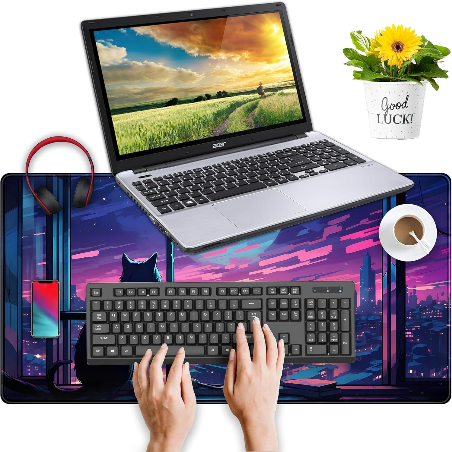 Cool Purple Kawaii Anime Moom Cat Desk Mat XXL Large Gaming Mouse Pad, Cute City Cats Desk Pad for Gamer Girl Women Office Desk Decor Mousepad, Computer Laptop Keyboard and Mouse Mat 31.5X15.75 In image number 5