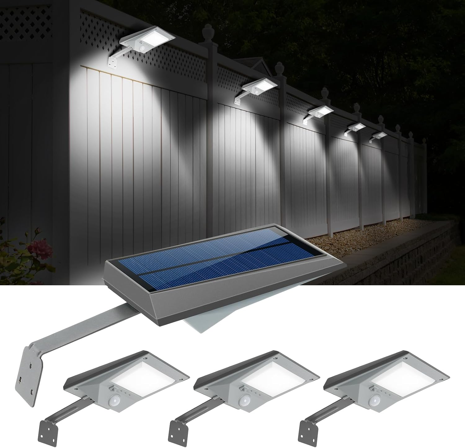 4 Pack White Solar Powered Gutter Lights Outdoor Decorative Waterproof 12 Leds Yard Lamp for Lighting Fence, Railing, outside Wall, Deck, Garden, Path, Backyard, Walkway, Patio, Holeless Installation
