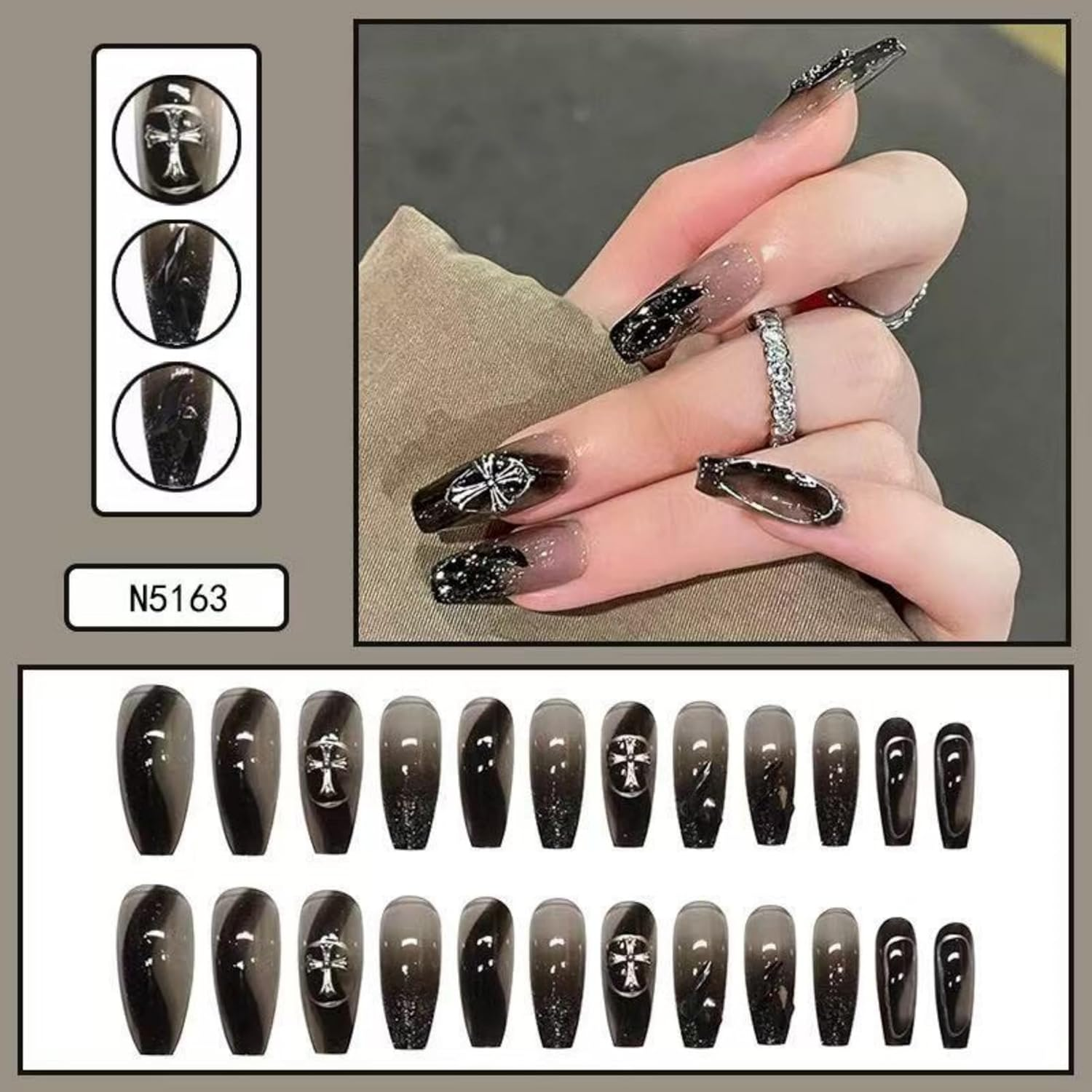 KAVI' S 24Pcs Black French Tip Stick on Nails Coffin Medium Long Press on Nails Nude Gradient Glitter Fake Nails Ballerina Acrylic False Nails Jerry Glue for Women Girls Nail Art (Croixin) image number 2