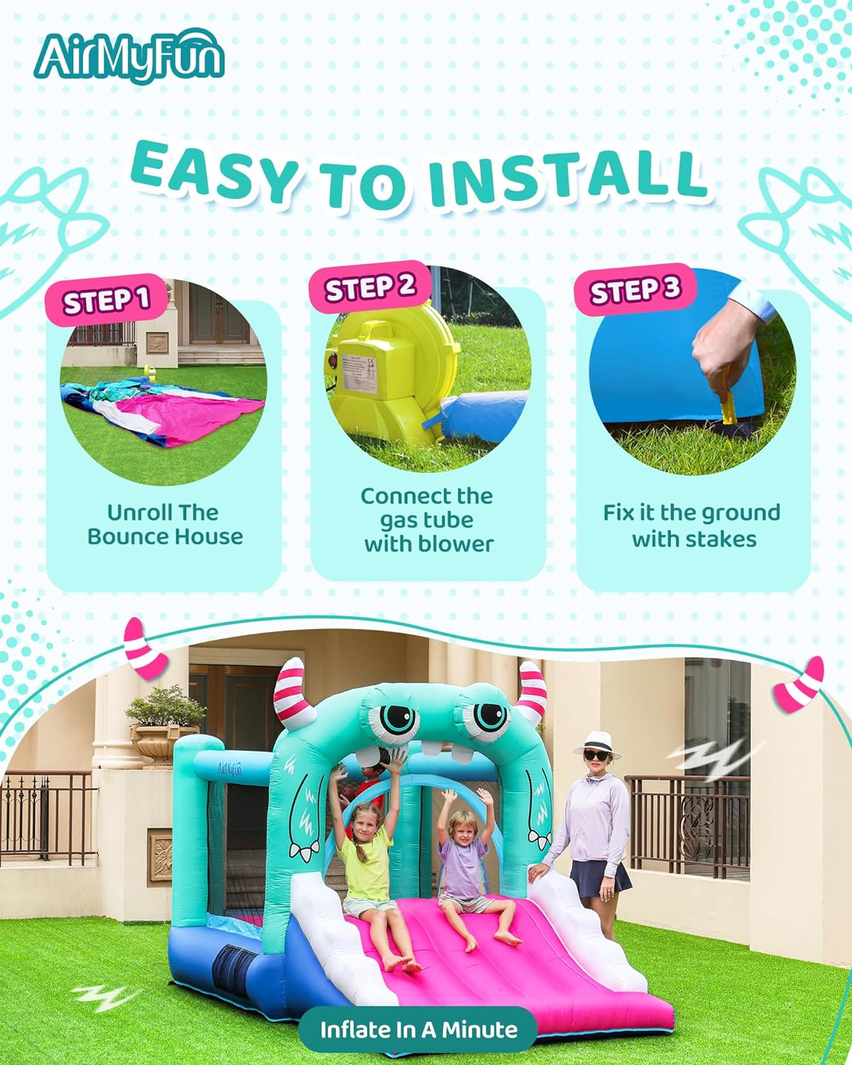 Inflatable Bounce House for Kids, Wide Slide & Jumping Inflatable Bouncer - Airmyfun Toddler Bounce House with Blower for Kids 2-12 Use Fun Indoor&Outdoor