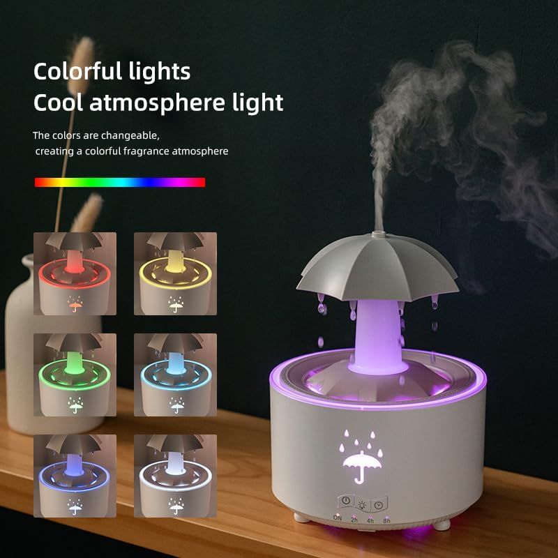 Rain Umbrella Humidifier & Aroma Diffuser with Soothing Rain Sounds, Water Drip Effect, 7 Colors Mood Light, Timer and Auto-Off, Ideal for Relaxation, Sleep, Home, Bedroom, Desk(White)