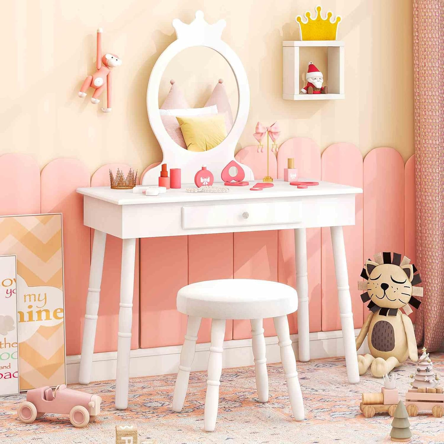 Costway Kids Vanity Makeup Table Set, Princess Vanity Table & Chair Set, Makeup Dressing Table with Drawer and Cushioned Stool, Vanity Desk with Real Mirror for Little Girls (White) image number 3